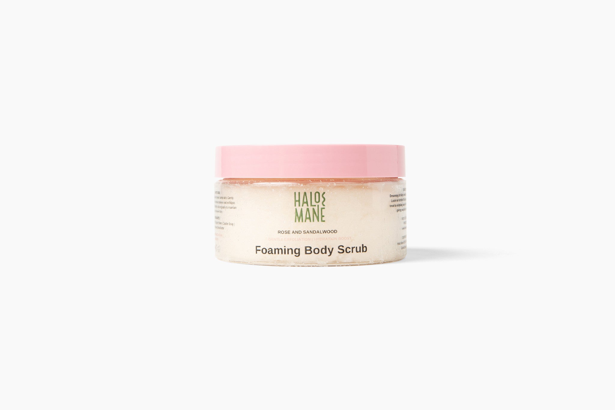 Jar of HaloMane Foaming Body Scrub with pink lid on a white background
